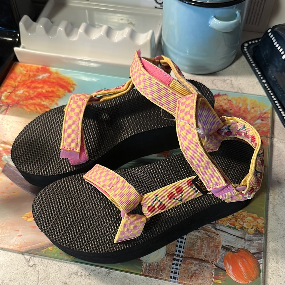 Flatform Teva Pink and Yellow Sandals with Adjustable Strap